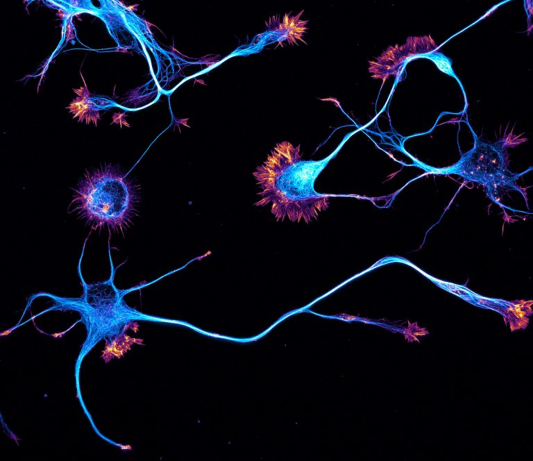 Young neurons labeled for actin (orange) and microtubules (cyan)
