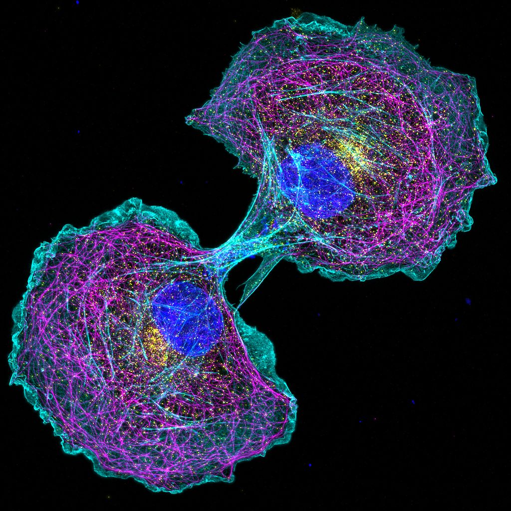 COS cells labeled for actin (cyan), microtubules (magenta), clathrin (yellow) and nucleus (blue) COS cells labeled for actin (cyan), microtubules (magenta), clathrin (yellow) and nucleus (blue)