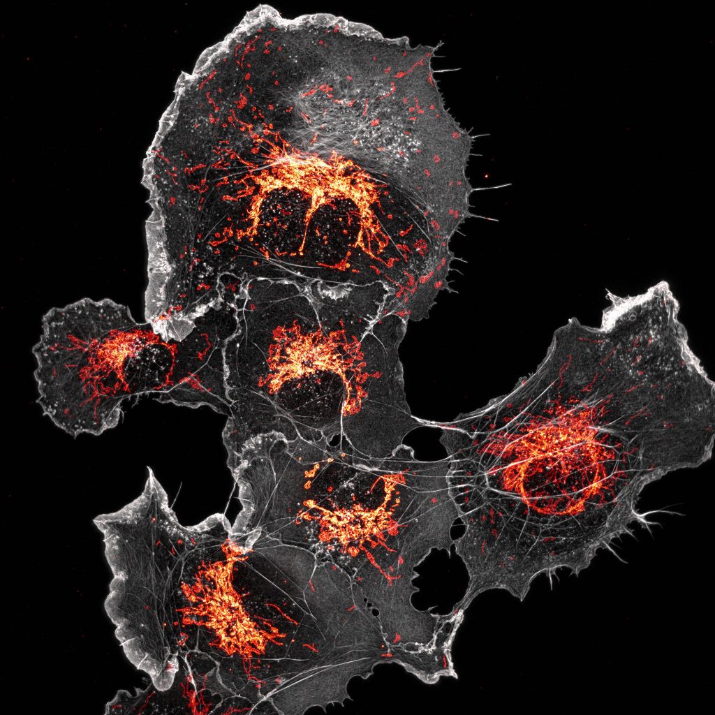 COS cells labeled for mitochondria (orange) and actin (grey) COS cells labeled for mitochondria (orange) and actin (grey)